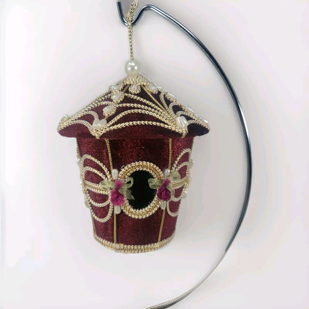 Velvet Beaded Birdhouse Ornament Maroon Christmas Made in Phillipines Excellent